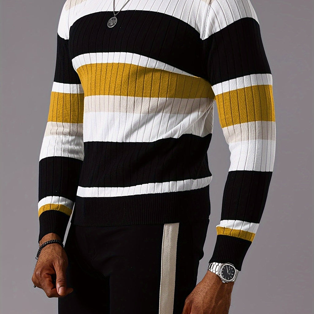 Men's striped ribbed knit sweater with long sleeves and crew neck, featuring a stylish design in neutral colors.