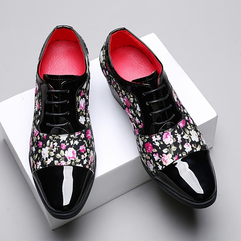 SHOWLU Men's floral lace-up loafers with pointed toe, classic dress shoes featuring floral pattern and sleek design.