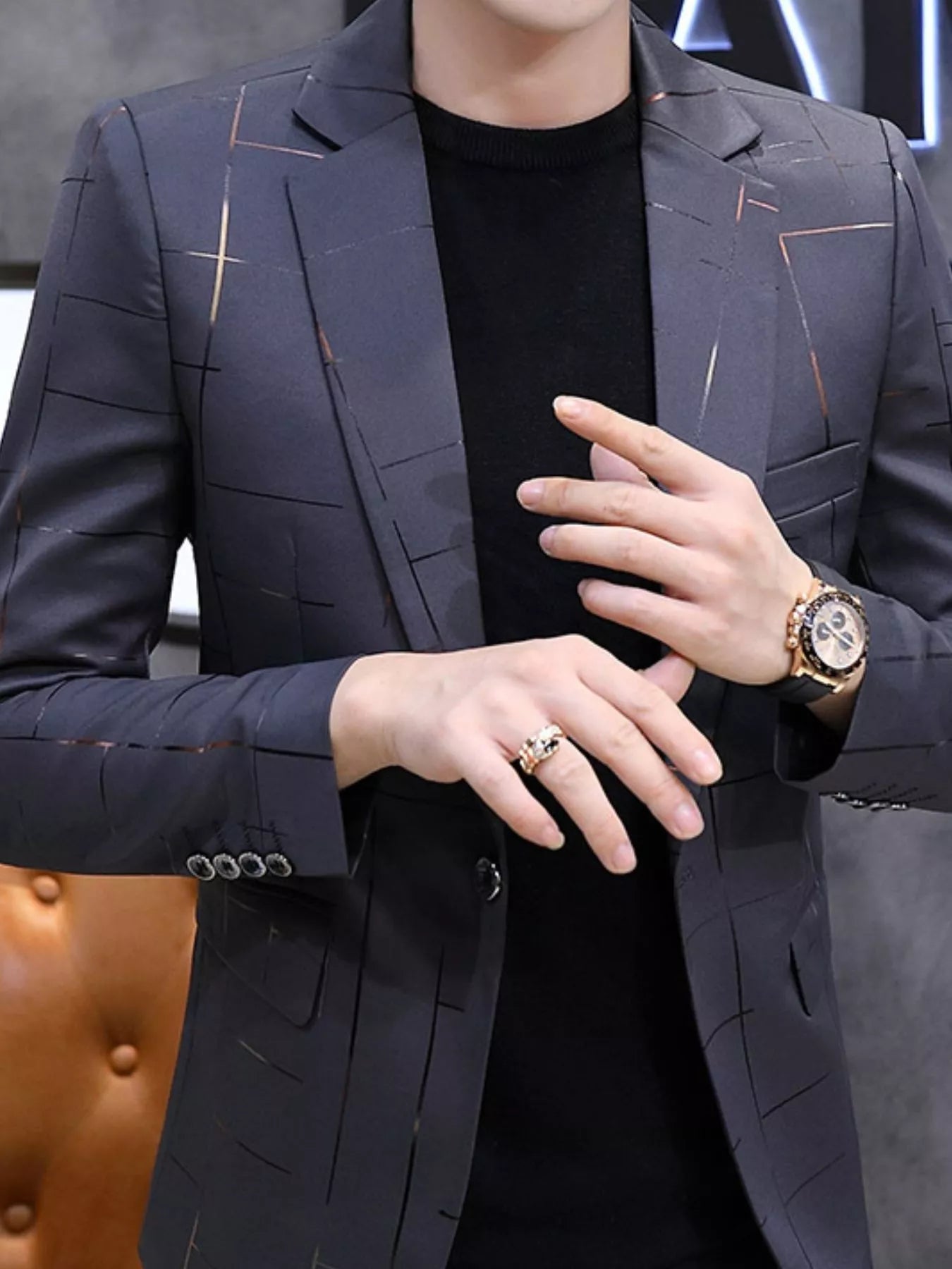 Men's plus size slim fit blazer with one button, in dark color, from Trendsi, displayed on a hanger against a white background.