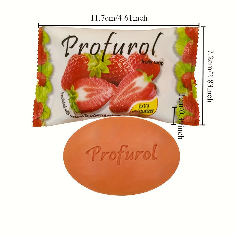 SHOWLU strawberry scented exfoliating soap bars with vitamin E, displayed with four pink soap bars on a white background.