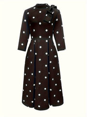 Elegant Fit and Flare Polka Dot Dress with High Neck and Three Quarter Length Sleeves - 100% Polyester A-Line Dress with Back Zipper Detail for All Seasons