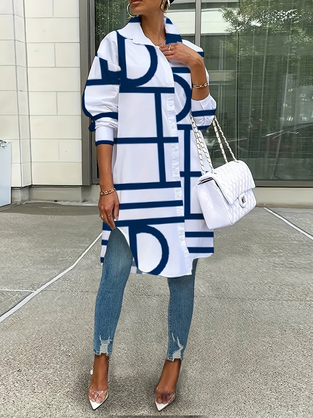 SHOWLU Women's long sleeve print shirt with casual lapel collar and button front, stylish and comfortable for everyday wear.