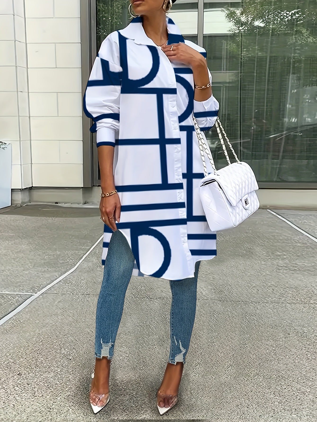 SHOWLU Women's long sleeve print shirt with casual lapel collar and button front, stylish and comfortable for everyday wear.
