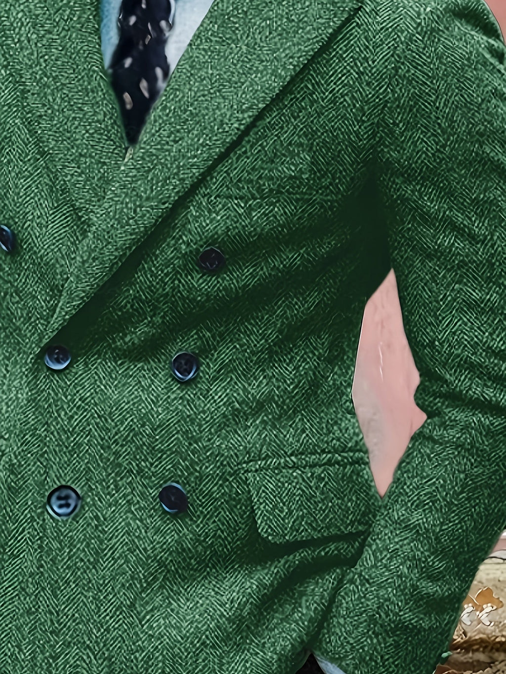 SHOWLU FASHION Men's retro herringbone double-breasted blazer with lapel, stylish formal jacket for men, front view.