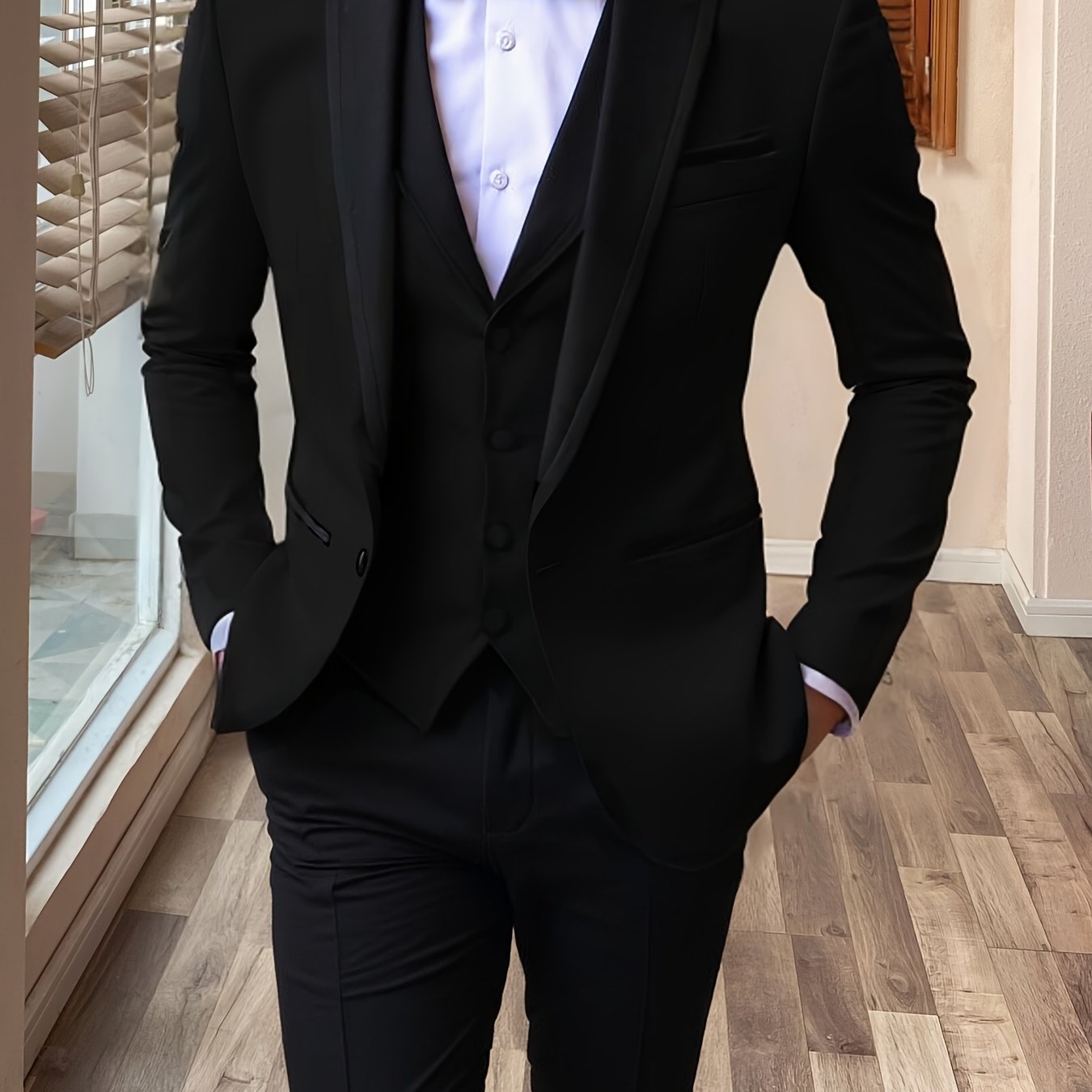SHOWLU FASHION men's 3-piece slim fit suit with shawl lapel, ideal for formal weddings, shown in a stylish black color.