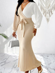 Women's Elegant Two-Tone Batwing Sleeve Wrap Waist Cinched Bodycon Dress