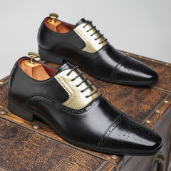 [Golden Stitching, Business Casual Shoes] Black Pointed Toe Business Casual Dress Shoes - Faux Upper, Rubber Sole, Lace-Up Closure - Sizes 39-48, for Office, Parties, Daily Wear