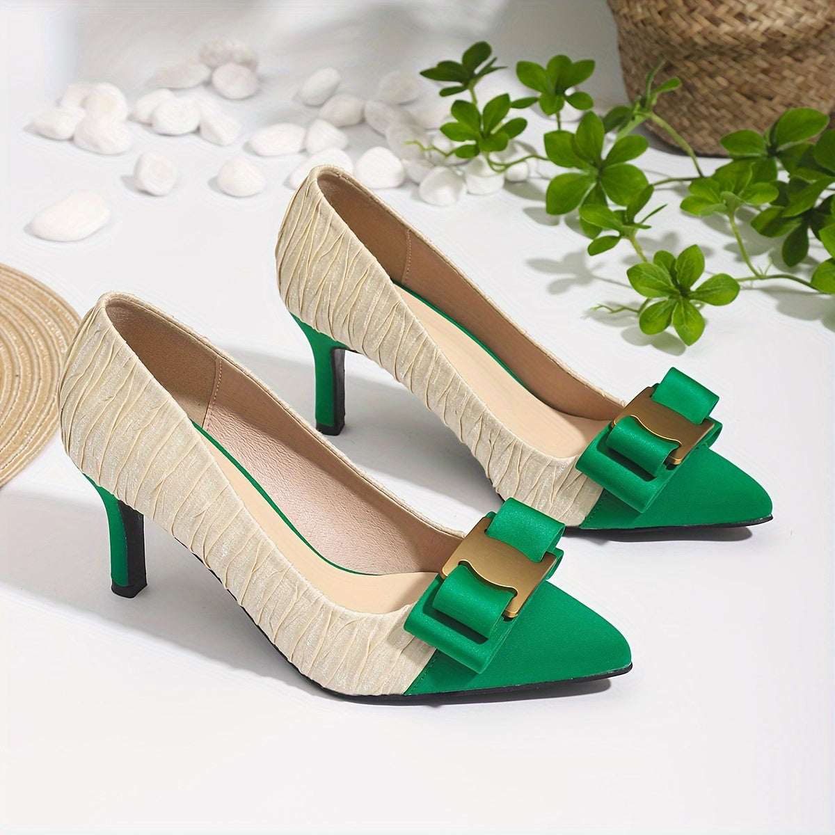 SHOWLU FASHION pointed toe bow high heels featuring bold color block design, stylish and elegant women's footwear.