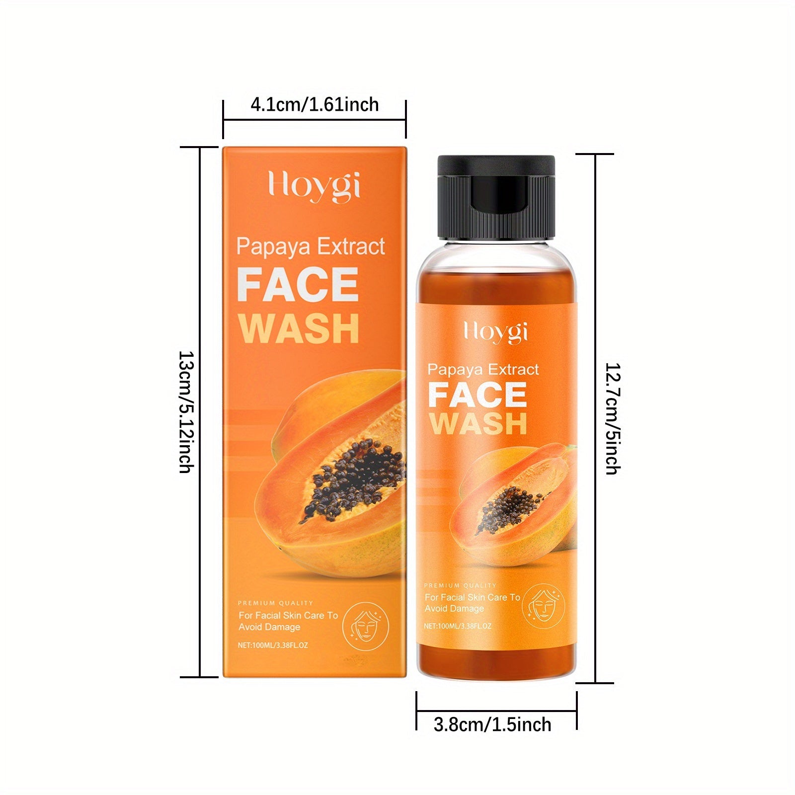 Hoygi Papaya Face Wash in a bottle, moisturizing lotion suitable for all skin types, with fresh papaya extract visible in the image.