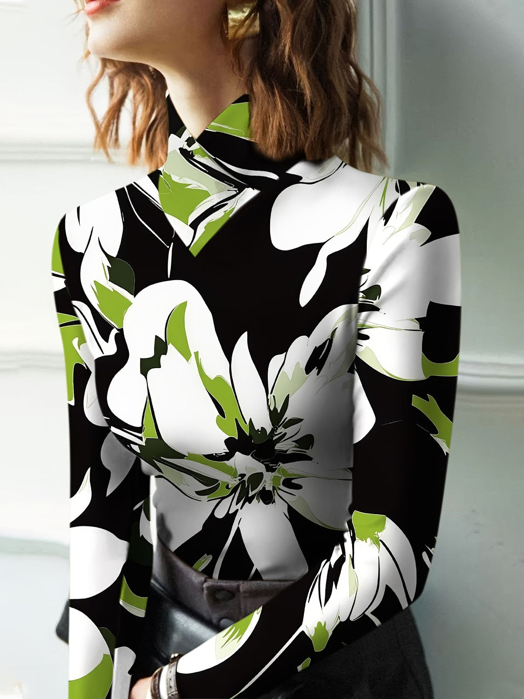 SHOWLU FASHION women's floral high neck long sleeve sexy knit top, featuring a vibrant floral pattern and fitted design.