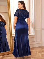 P54328A Elegant Plus Size Lace Satin Sequin Bridesmaid Dress, Round Neck, Short Sleeves, Ruffled Mermaid Hem, Perfect For Weddings, Parties, Formal Events