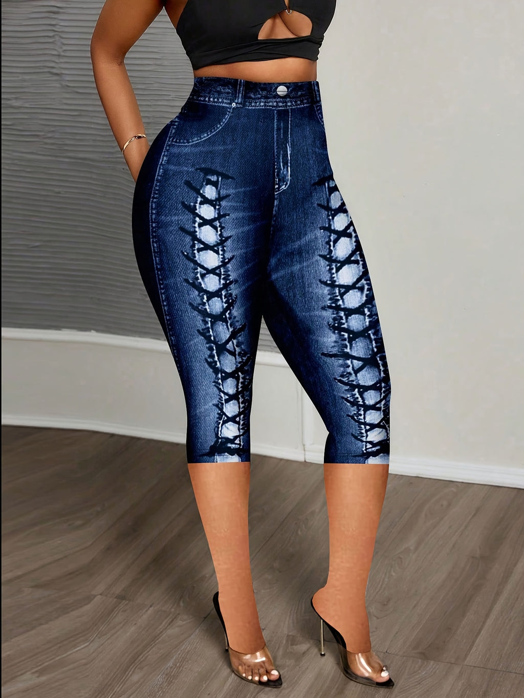 Showlu Fashion women's imitation denim print leggings, stretchy skinny pants with stylish denim design and comfortable fit.