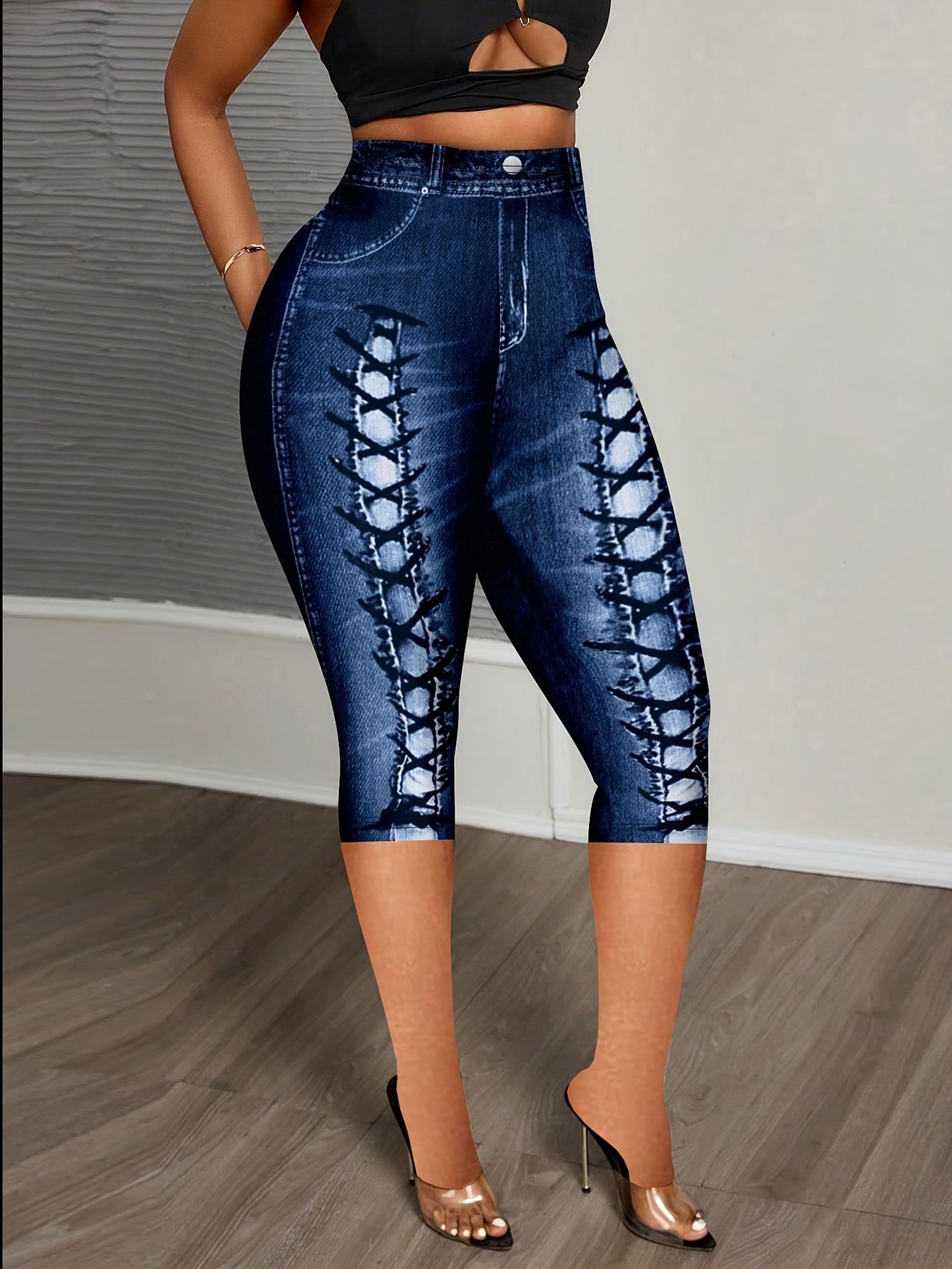 Showlu Fashion women's imitation denim print leggings, stretchy skinny pants with stylish denim design and comfortable fit.
