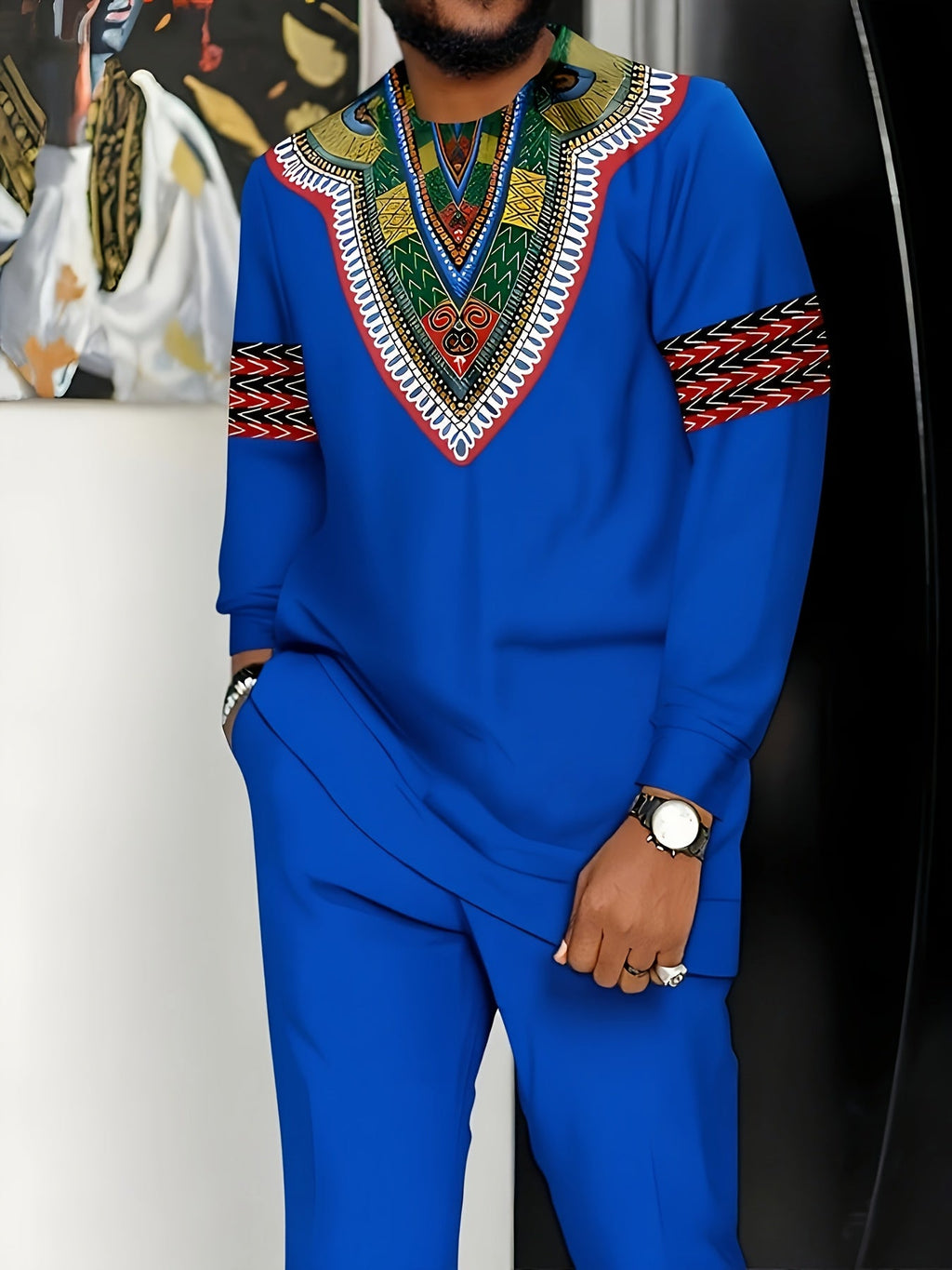 SHOWLU Men's African-inspired knit suit in white polyester, plus size set with intricate knit pattern and stylish design.