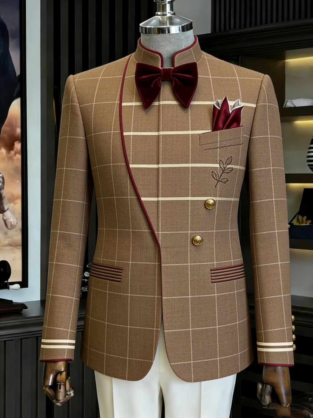 Showlu Men's slim fit double-breasted suit in solid color, formal evening wear, with tailored lapels and stylish fit.