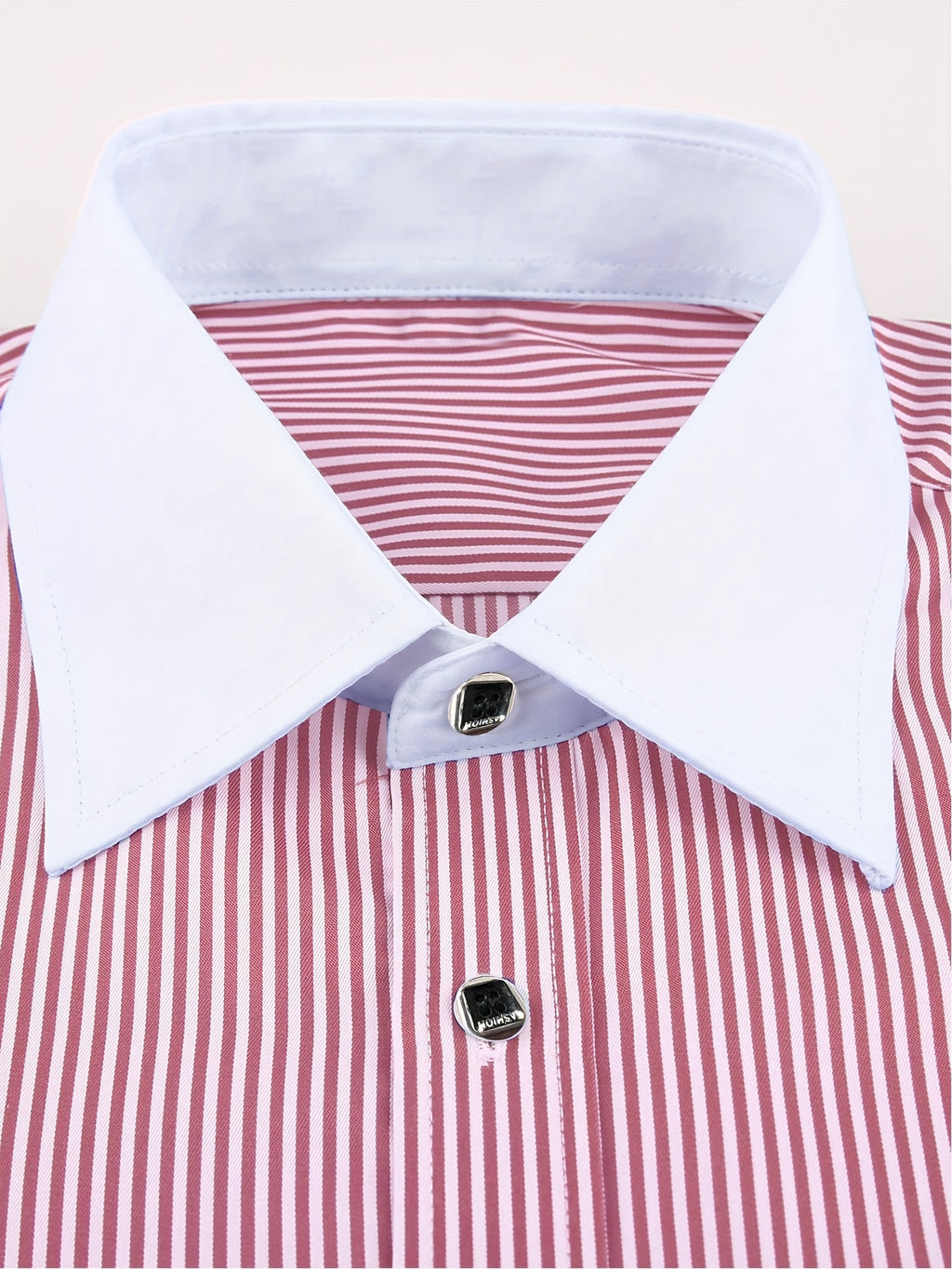 Showlu men's slim fit striped formal shirt with French cuffs, made of polyester, displayed on a hanger.