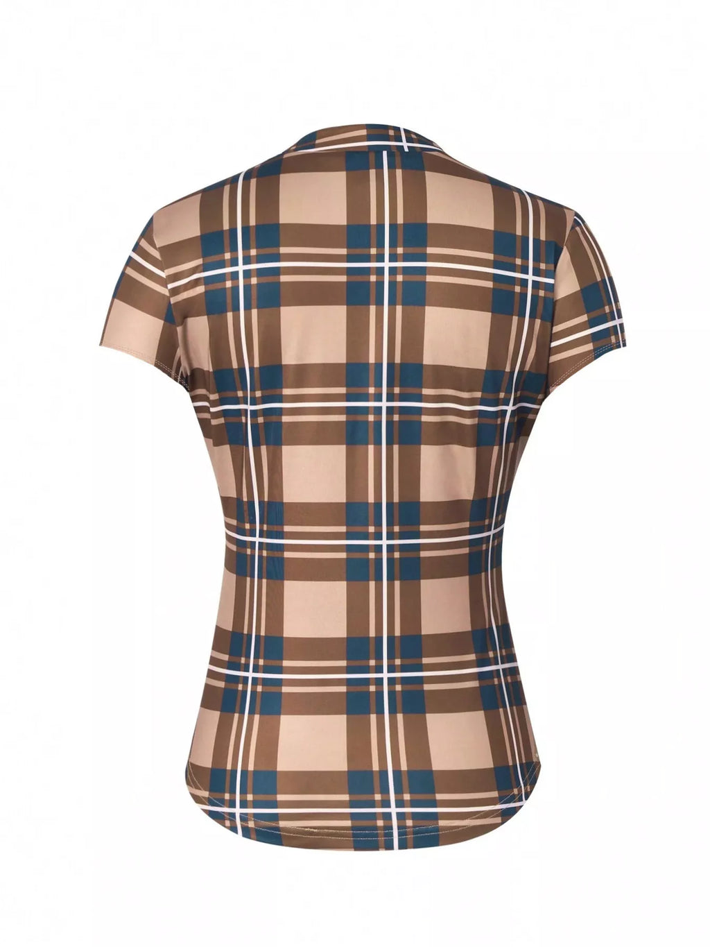 Plaid lace-up short sleeve blouse by Trendsi, featuring a stylish pattern and casual fit, shown on a white background.