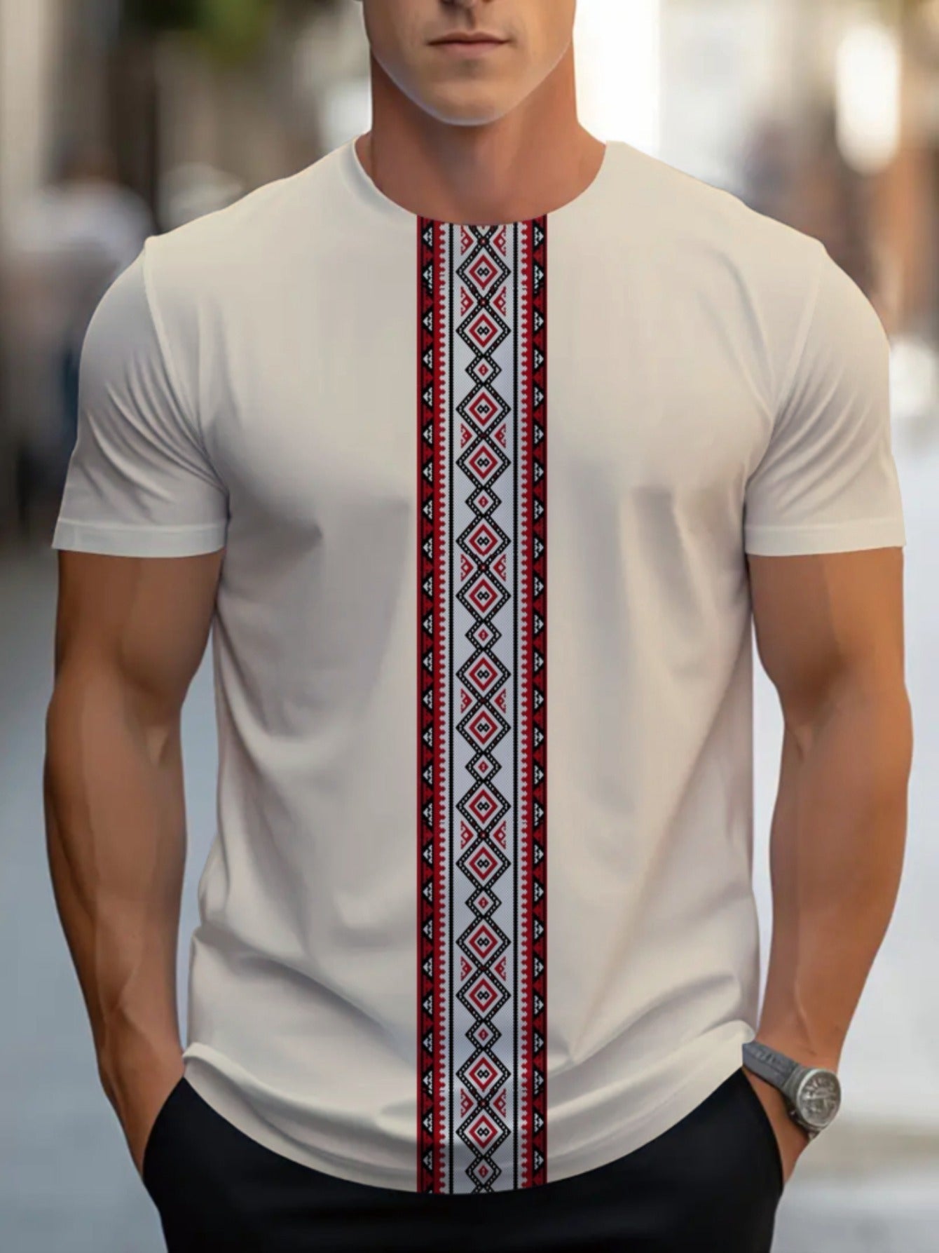 SHOWLU Men's geometric embroidery crew neck T-shirt made of polyester, featuring intricate design and comfortable fit.