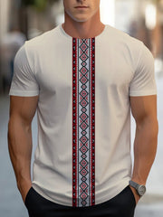 Men's Ethnic Geometric Embroidery T-Shirt - Premium Fabric, Comfort Fit Round Neck, Machine Washable Casual Top for Casual Attire, T Shirt, Durable Fabric Shirt