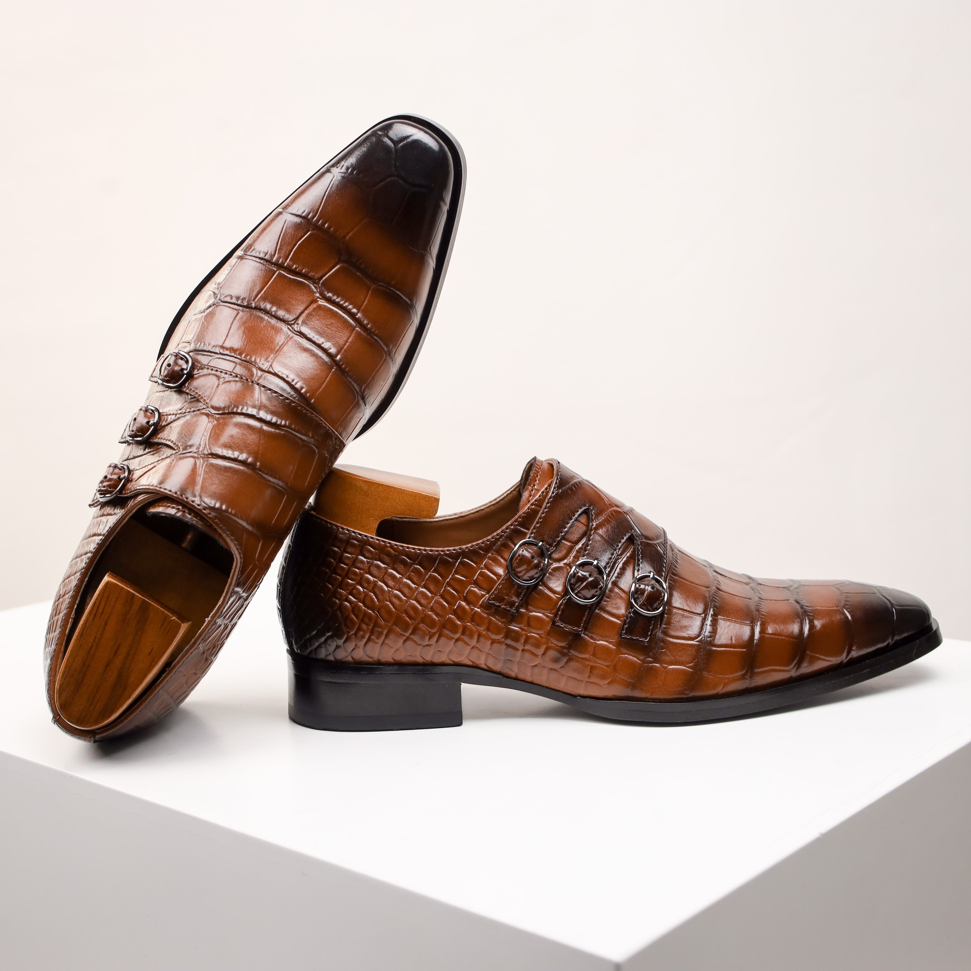 SHOWLU Men's Monk Strap Oxfords with split cow leather, square toe shoes, classic dress footwear for men.