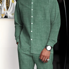 Men's minimalist Business Suit, Featuring a Stand Collar Long-Sleeved Button-Up Shirt and Straight-Cut Pants, with Solid Color and Simple Design, Exuding a Minimalist and Elegant Charm, Suitable for Business Meetings and Casu