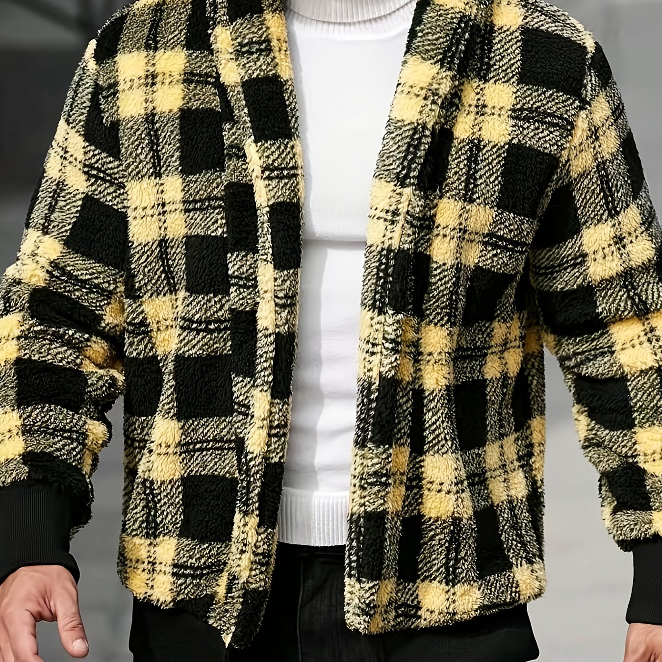 Men's black and yellow checkered plush fleece jacket by SHOWLU FASHION STORE, featuring soft thermal fabric and cozy design.