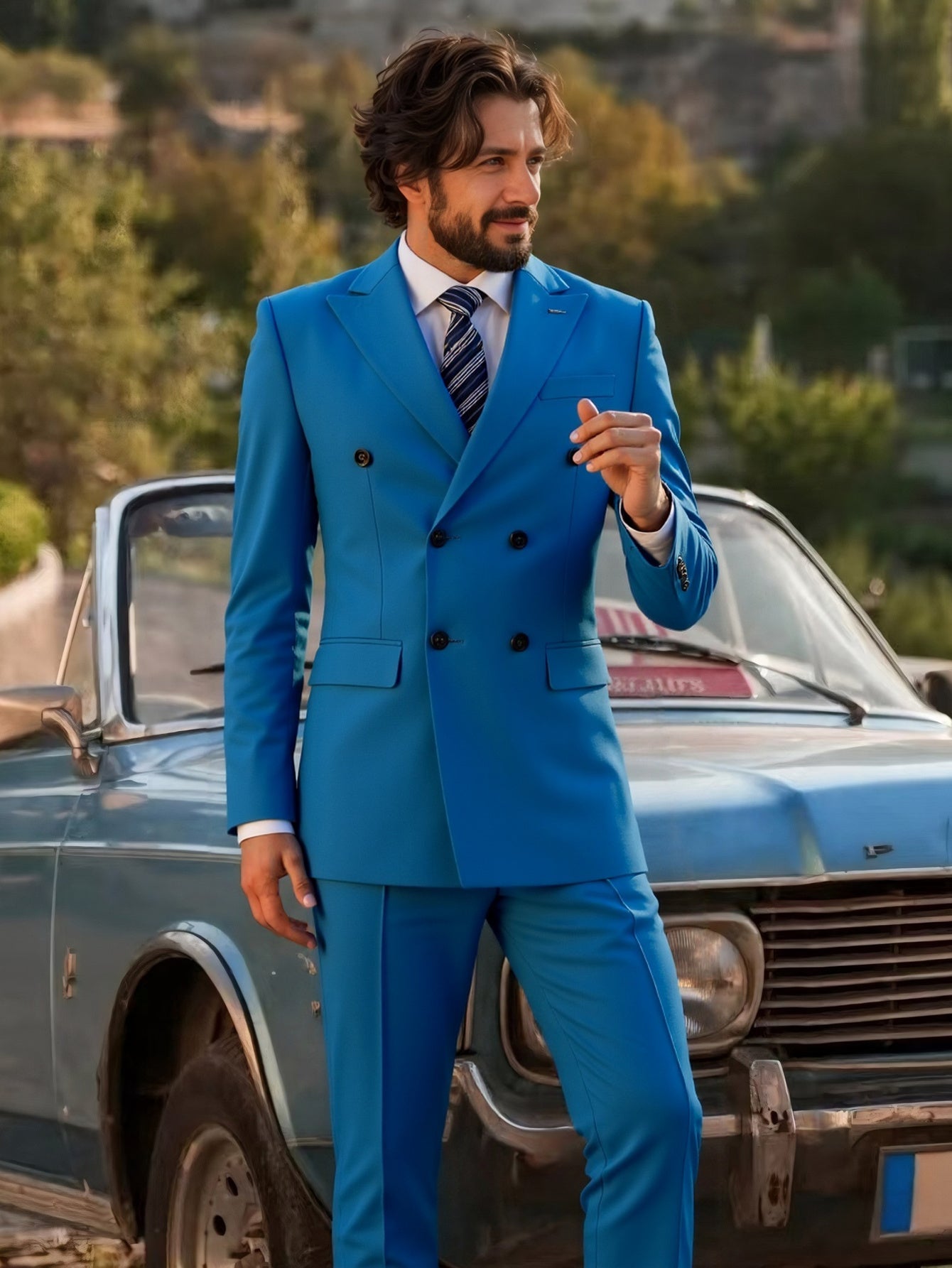 SHOWLU Men's double-breasted slim fit tuxedo suit with peak lapel, featuring tailored jacket and matching trousers for formal occasions.