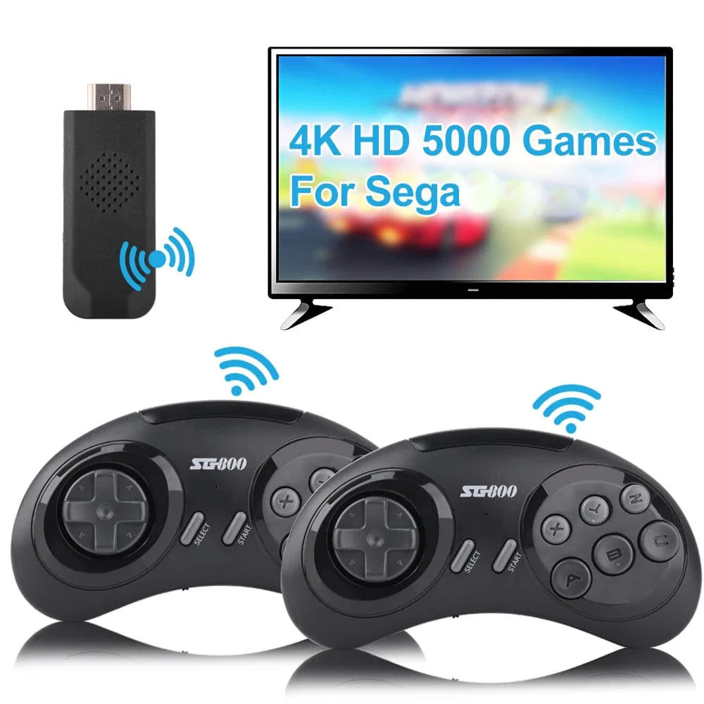 ONETOMAX SG800 Retro Game Console with 4K wireless stick, built-in 5000 classic Sega Mega Drive games, and gamepad controller.