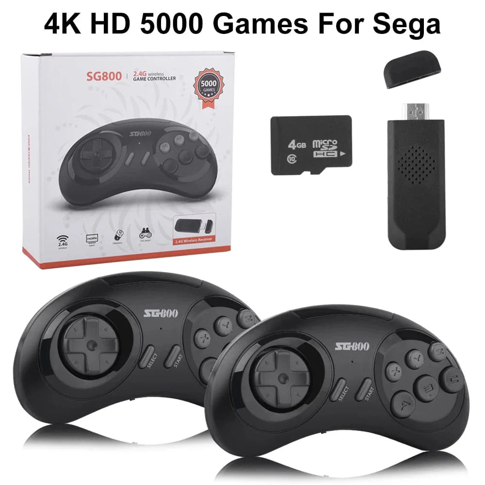 ONETOMAX SG800 Retro Game Console with wireless 4K video stick and controller, featuring 5000 classic Sega Mega Drive games.