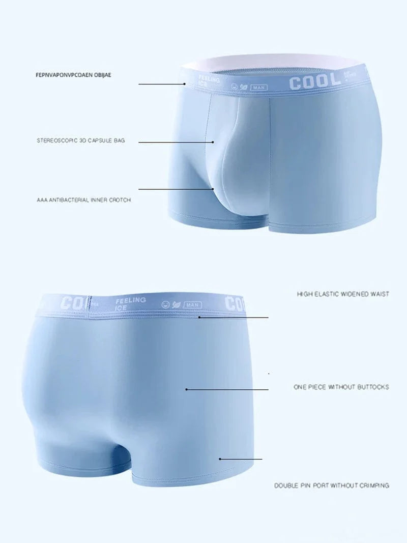 Set of four Showlu men's ice silk boxer shorts with antibacterial, breathable, and elastic fabric in plus sizes L to 6XL, shown laid flat.