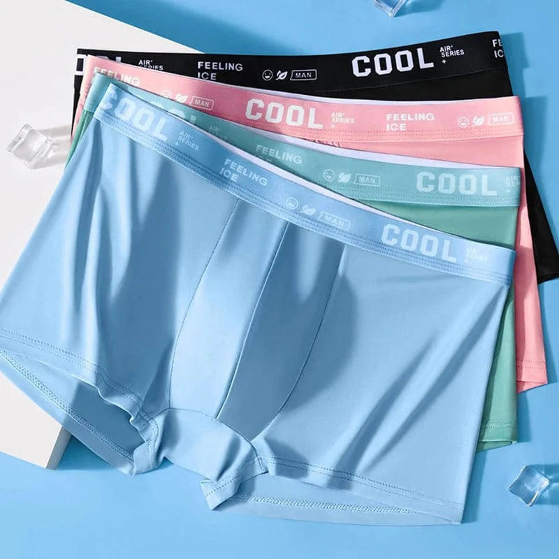 Showlu Men's Ice Silk Boxer Shorts set with four antibacterial, breathable, elastic underwear in plus sizes L to 6XL.