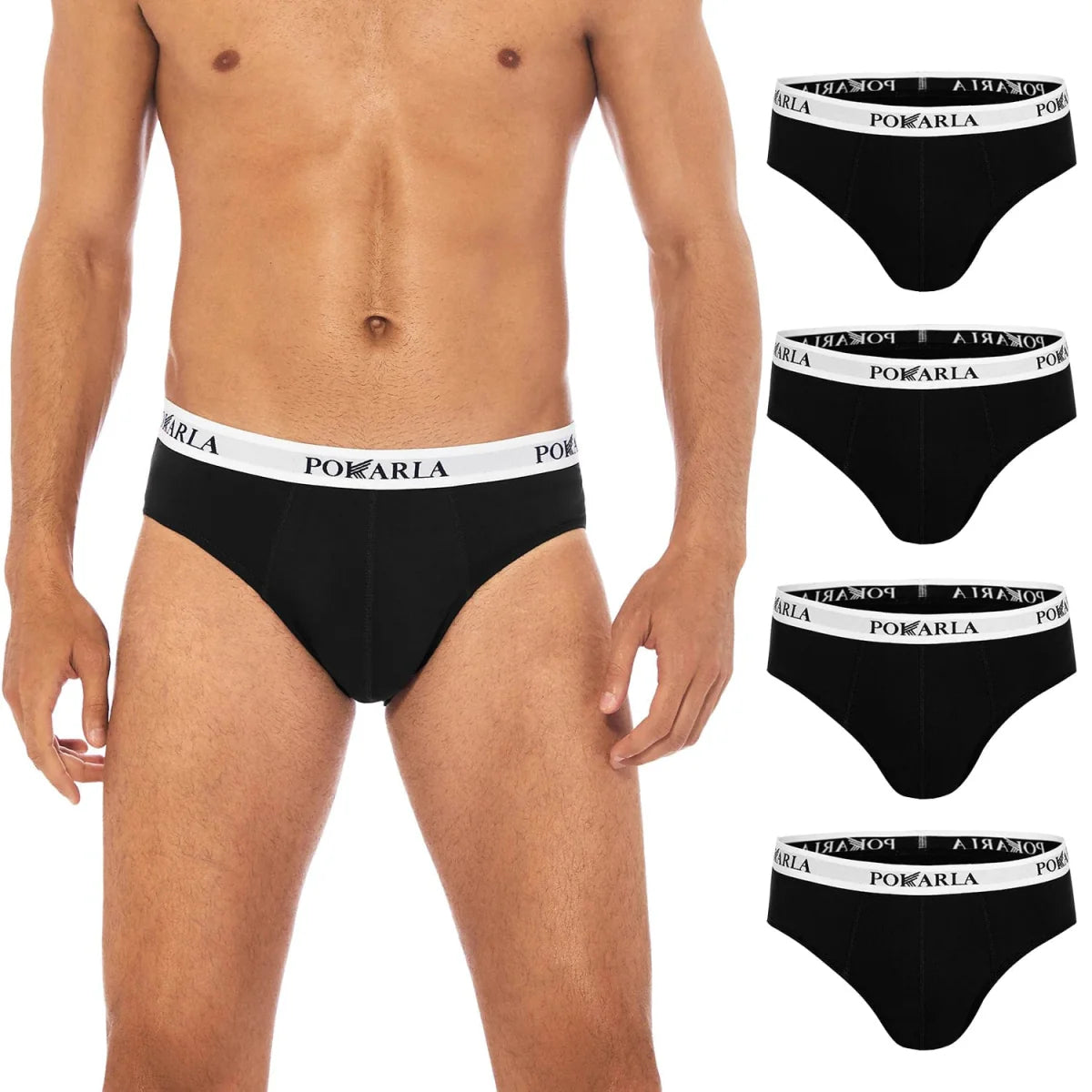Four men's cotton briefs by Showlu Fashion Store, low-rise breathable underwear with elastic waistband and comfortable fit.