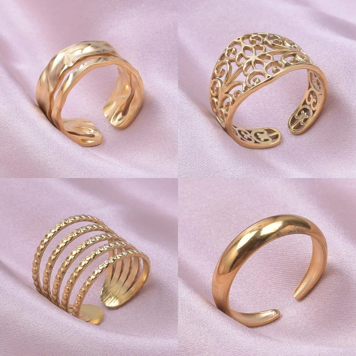 Set of four Showlu stainless steel wide opening rings with geometric punk design, suitable for women and men.