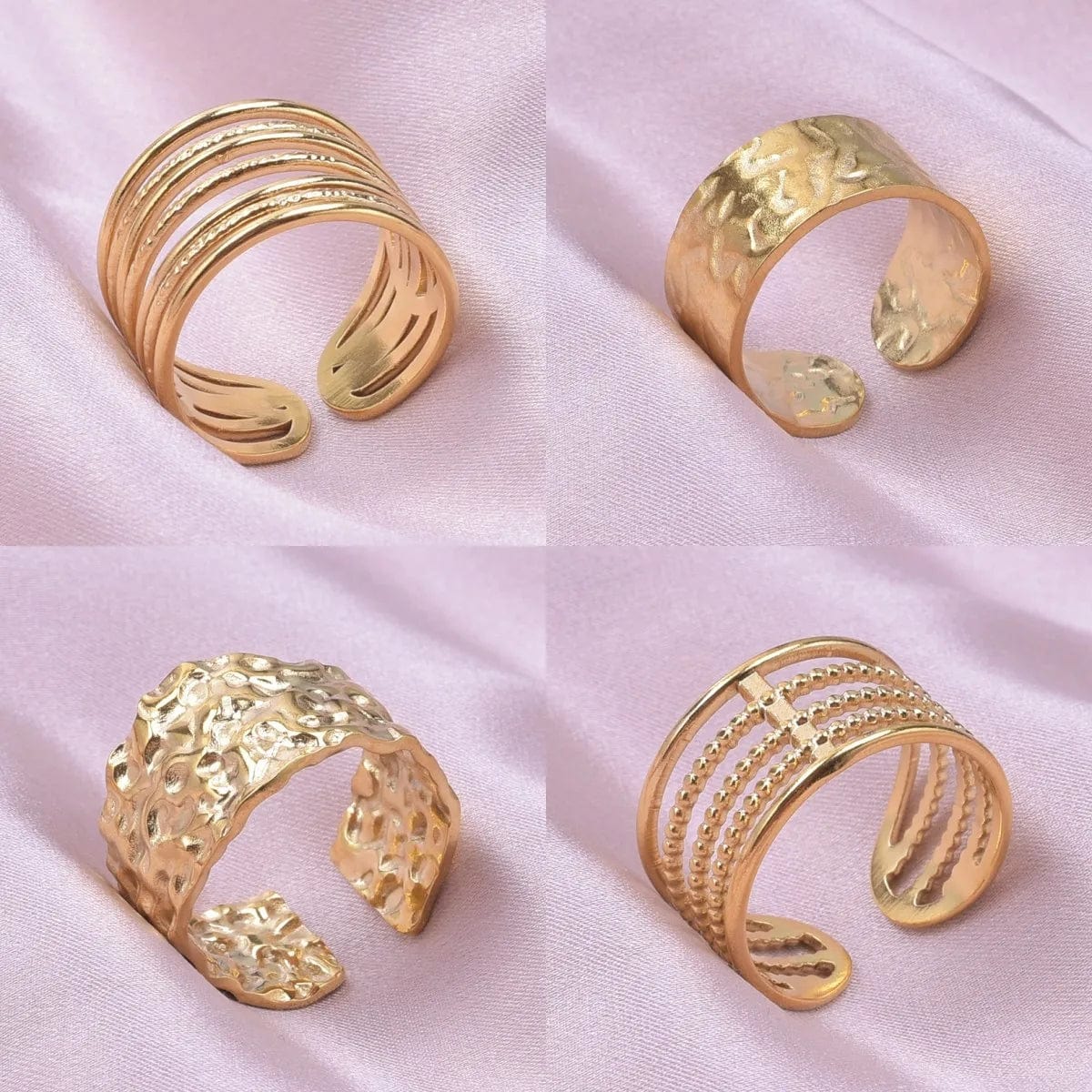 Set of four Showlu stainless steel wide opening rings featuring minimalist punk geometric designs for men and women.