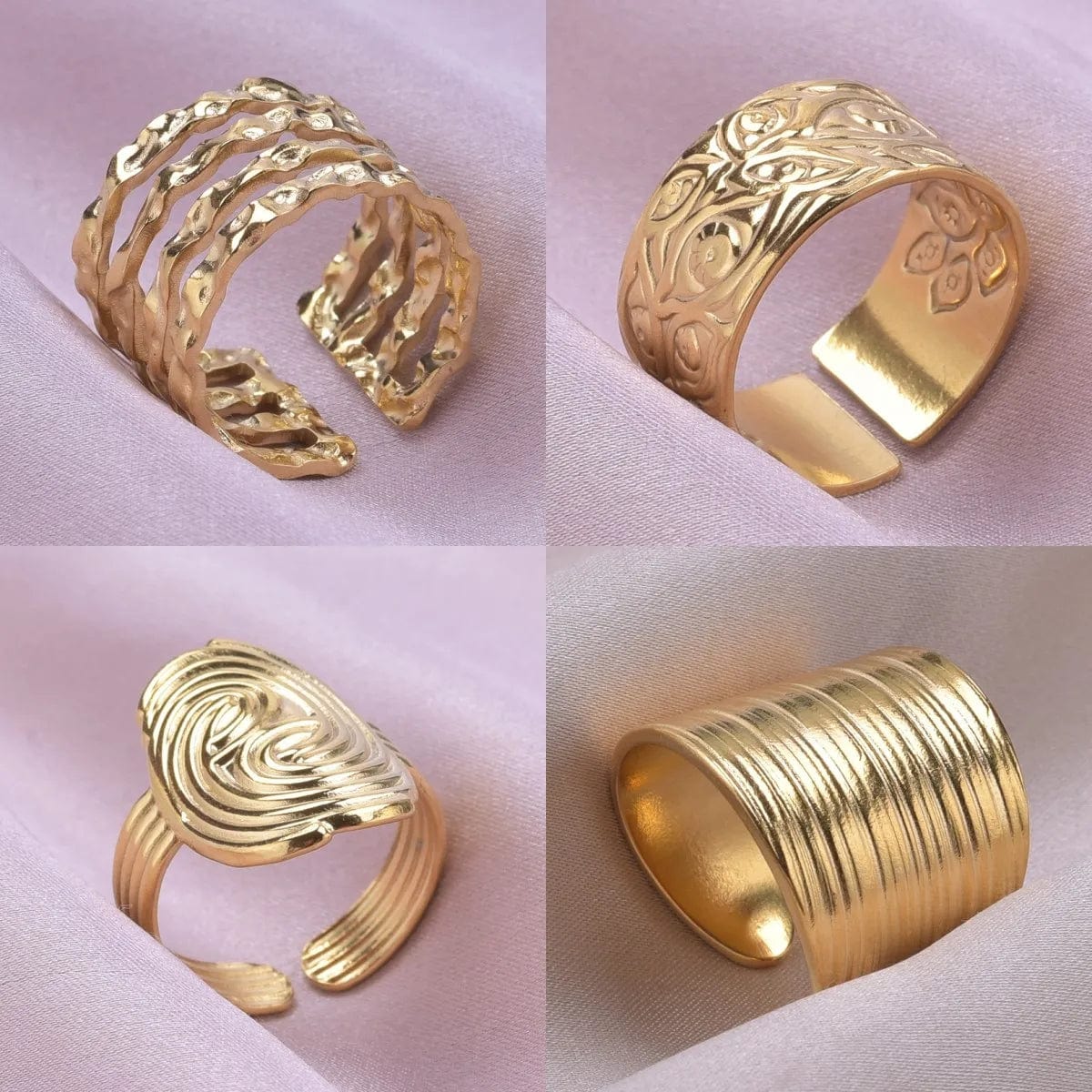 Showlu 4-piece stainless steel wide opening rings with punk geometric design, suitable for women and men, minimalistic jewelry.
