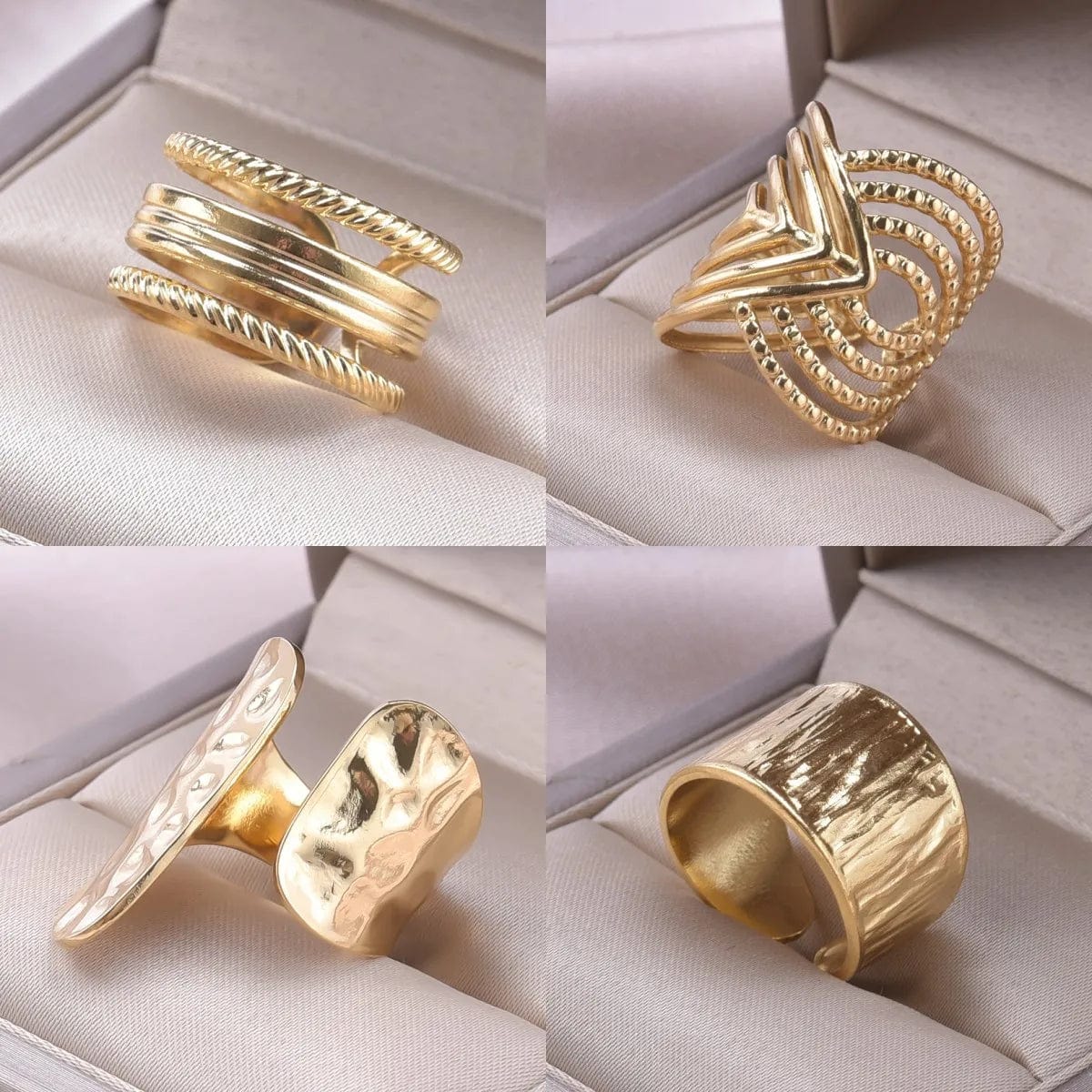 Showlu 4-piece stainless steel wide opening rings with geometric punk design for women and men, minimalist jewelry for various occasions
