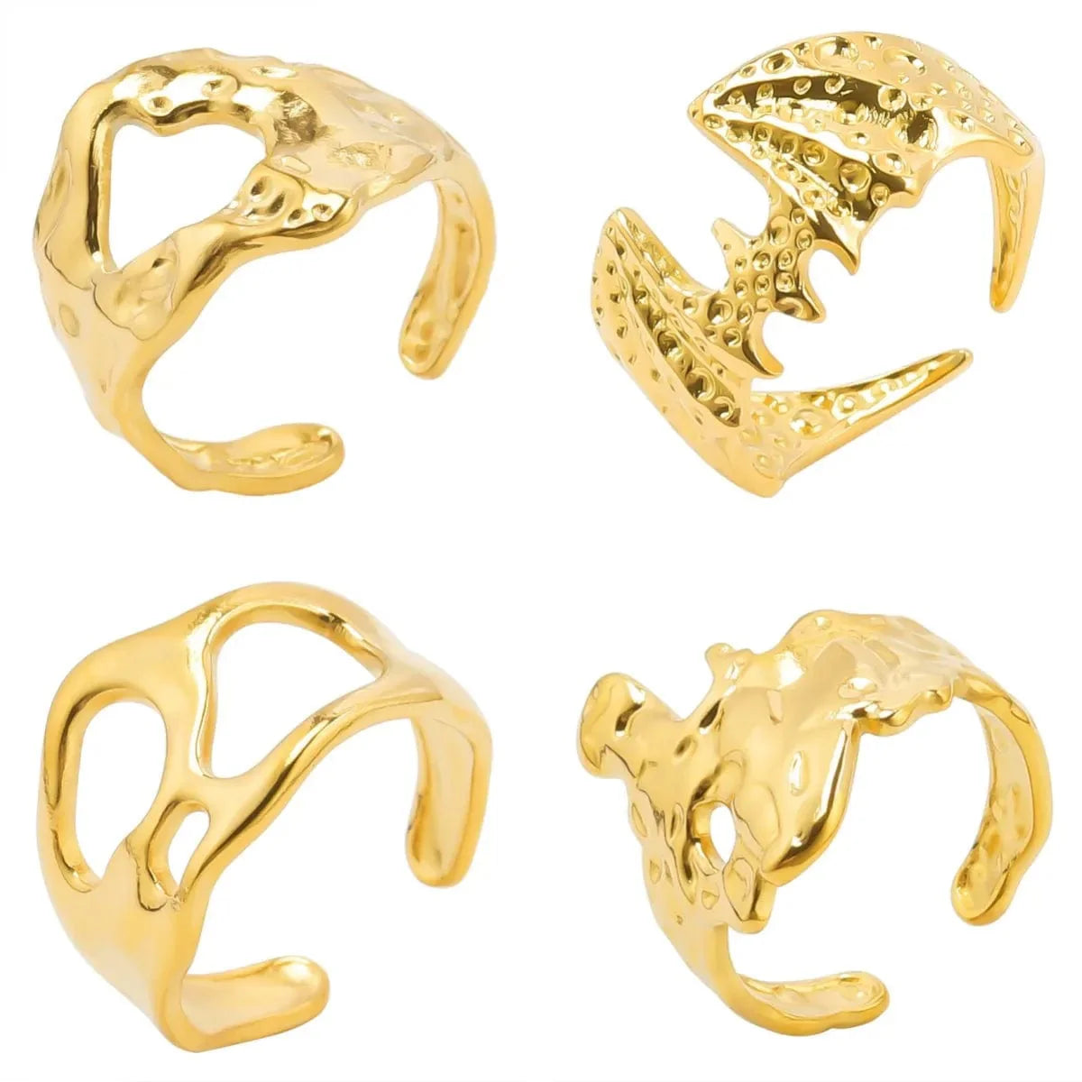 Set of four Showlu stainless steel wide opening rings featuring punk geometric designs, suitable for women and men.