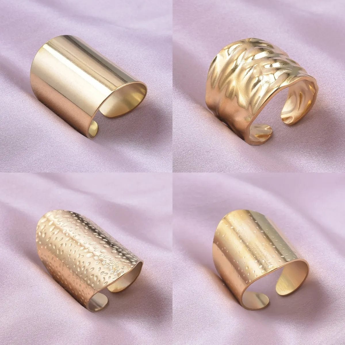 Set of four Showlu stainless steel wide opening rings featuring punk geometric designs, suitable for women and men.
