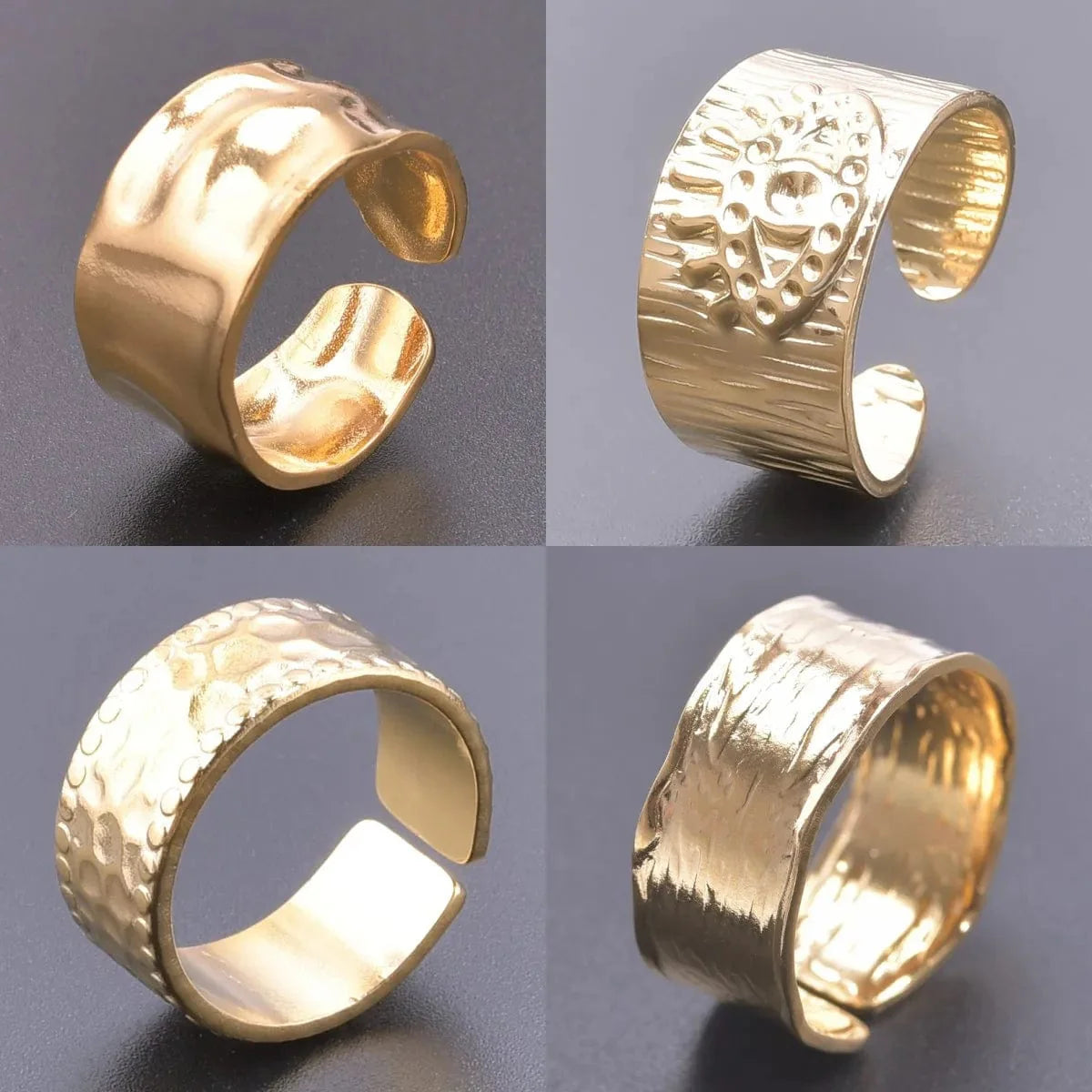 Set of four Showlu stainless steel wide opening rings featuring minimalist punk geometric designs for men and women.