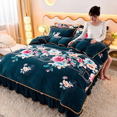 4pcs Set Winter Warm Thicken Short Plush Bedding Set Printing Flannel Duvet Cover Flat Sheet Pillowcase King Queen Bedding Set - SHOWLU FASHION STORE