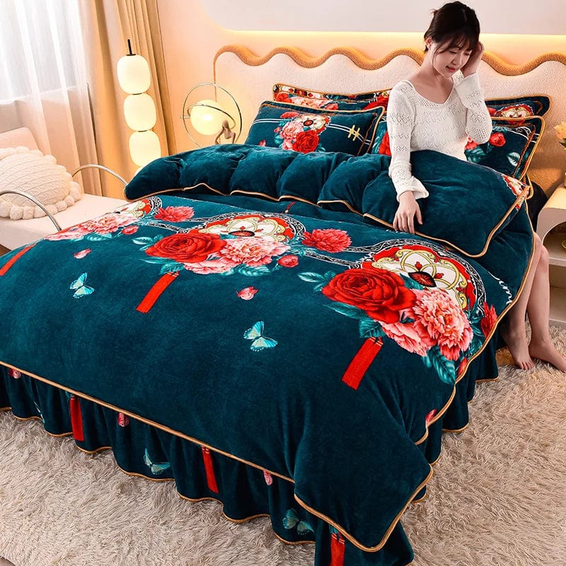 4pcs Set Winter Warm Thicken Short Plush Bedding Set Printing Flannel Duvet Cover Flat Sheet Pillowcase King Queen Bedding Set - SHOWLU FASHION STORE