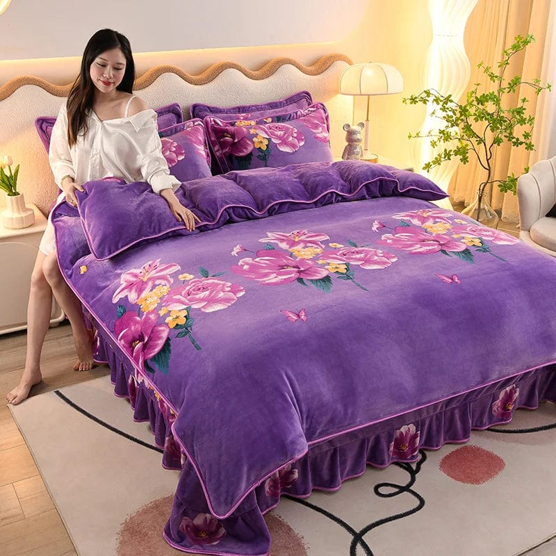 4pcs Set Winter Warm Thicken Short Plush Bedding Set Printing Flannel Duvet Cover Flat Sheet Pillowcase King Queen Bedding Set - SHOWLU FASHION STORE