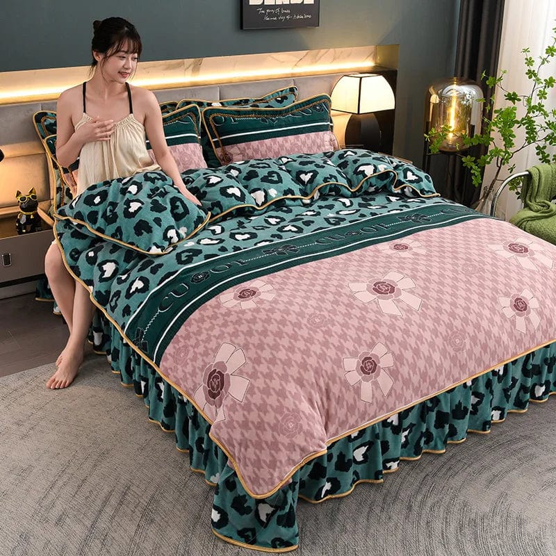 4pcs Set Winter Warm Thicken Short Plush Bedding Set Printing Flannel Duvet Cover Flat Sheet Pillowcase King Queen Bedding Set - SHOWLU FASHION STORE