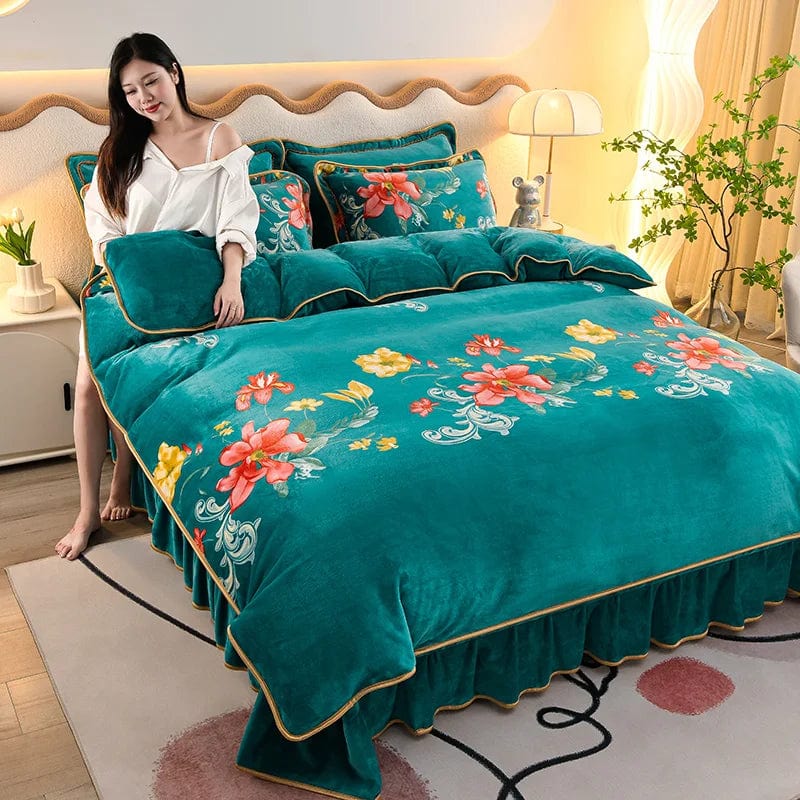 4pcs Set Winter Warm Thicken Short Plush Bedding Set Printing Flannel Duvet Cover Flat Sheet Pillowcase King Queen Bedding Set - SHOWLU FASHION STORE