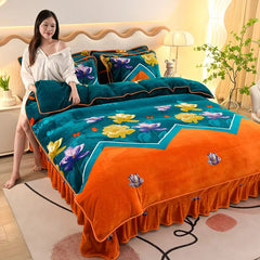 4pcs Set Winter Warm Thicken Short Plush Bedding Set Printing Flannel Duvet Cover Flat Sheet Pillowcase King Queen Bedding Set - SHOWLU FASHION STORE