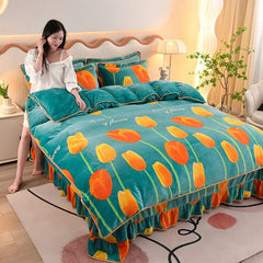 4pcs Set Winter Warm Thicken Short Plush Bedding Set Printing Flannel Duvet Cover Flat Sheet Pillowcase King Queen Bedding Set - SHOWLU FASHION STORE