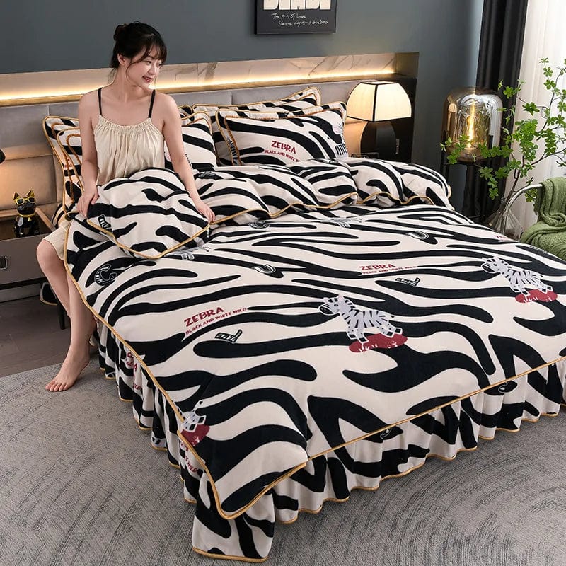 4pcs Set Winter Warm Thicken Short Plush Bedding Set Printing Flannel Duvet Cover Flat Sheet Pillowcase King Queen Bedding Set - SHOWLU FASHION STORE