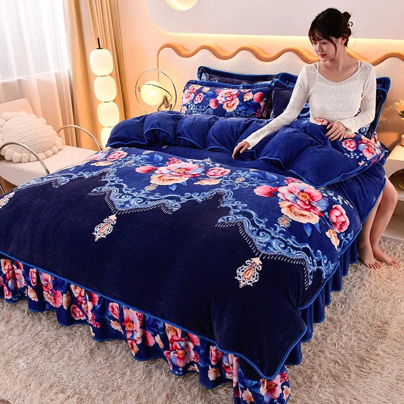 4pcs Set Winter Warm Thicken Short Plush Bedding Set Printing Flannel Duvet Cover Flat Sheet Pillowcase King Queen Bedding Set - SHOWLU FASHION STORE