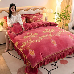 4pcs Set Winter Warm Thicken Short Plush Bedding Set Printing Flannel Duvet Cover Flat Sheet Pillowcase King Queen Bedding Set - SHOWLU FASHION STORE