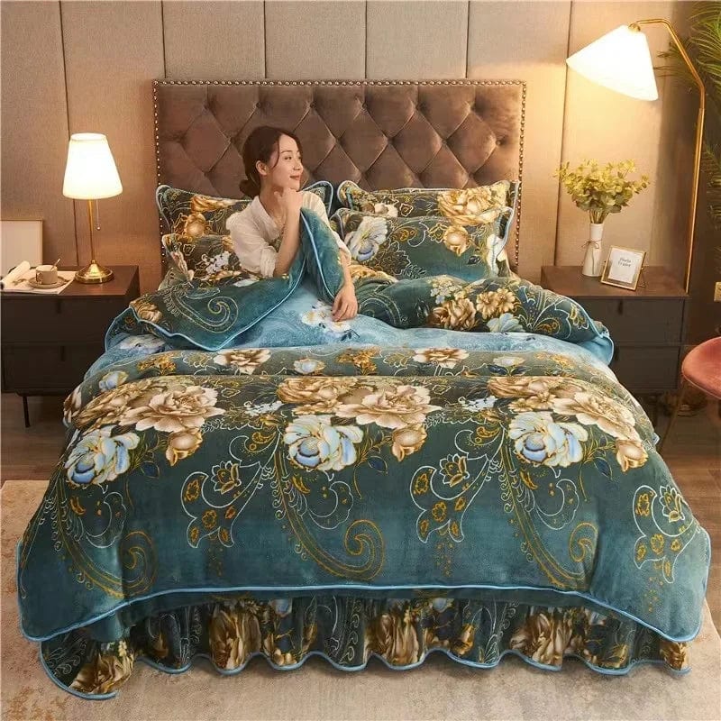 4pcs Set Winter Warm Thicken Short Plush Bedding Set Printing Flannel Duvet Cover Flat Sheet Pillowcase King Queen Bedding Set - SHOWLU FASHION STORE